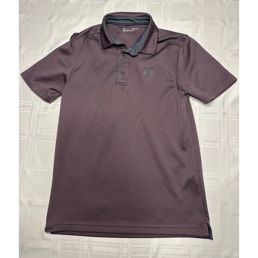 Under Armour Polo Mens SM Brown Loose Fit HeatGear Performance Golf Shirt Stripe